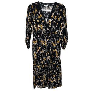 Max Studio black floral long sleeve tiered broomstick v-neck dress XS NWT